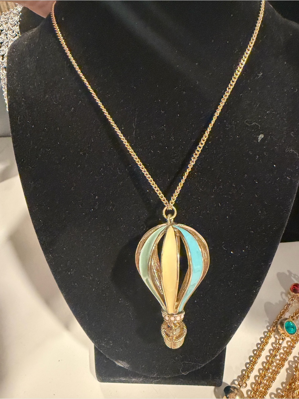 Gold-Tone Hot Air Balloon Pendant Necklace in Aqua and Cream
